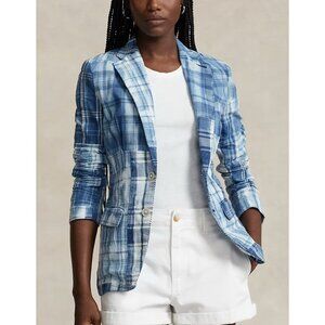 Polo Ralph Lauren Women’s Patchwork Plaid 2 Button Blazer Jacket Blue Size 0